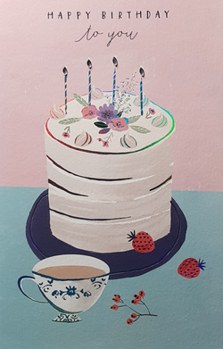 Birthday Card - General Female / A Beautiful Cake With Flowers And Four Candles