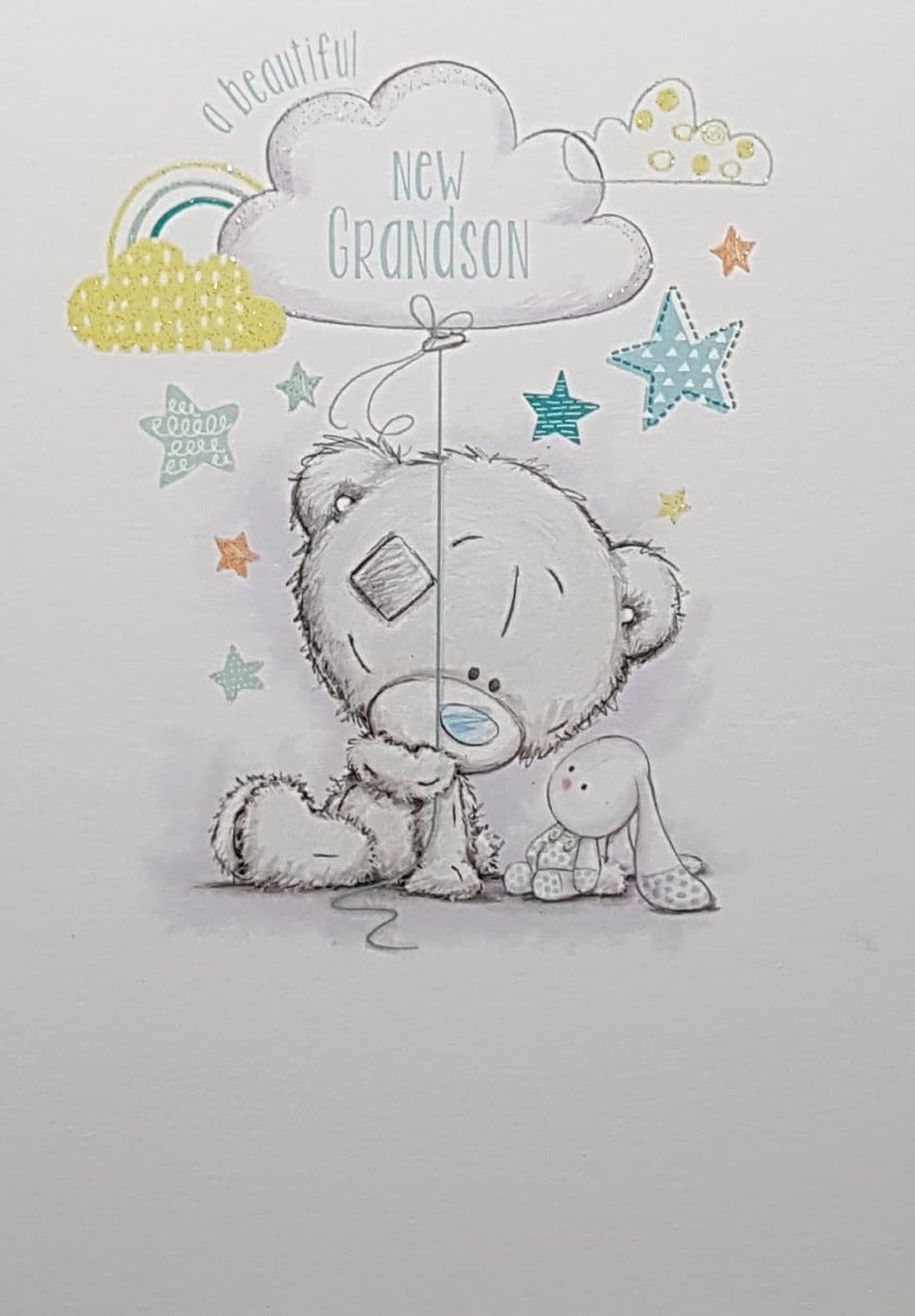 New Baby Card - New Grandson / Teddy Holding A Cloud Balloon With A Rabbit