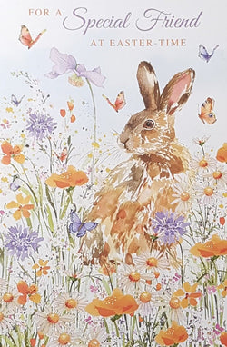 Easter Card - Special Friend / A Brown Bunny In A Meadow Of Orange Flowers