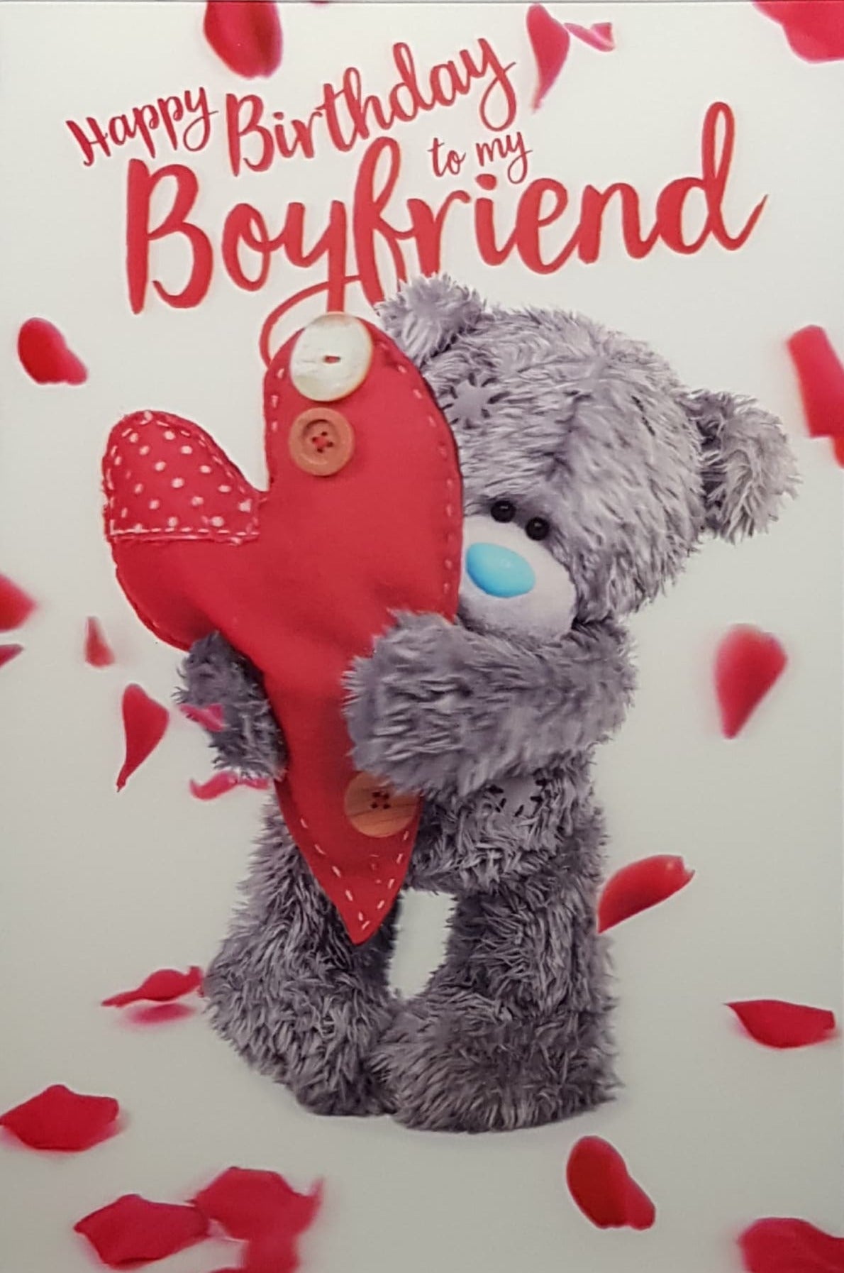 Birthday Card - Boyfriend / Fluffy Teddy Holding Red Patched Heart (3D Card)