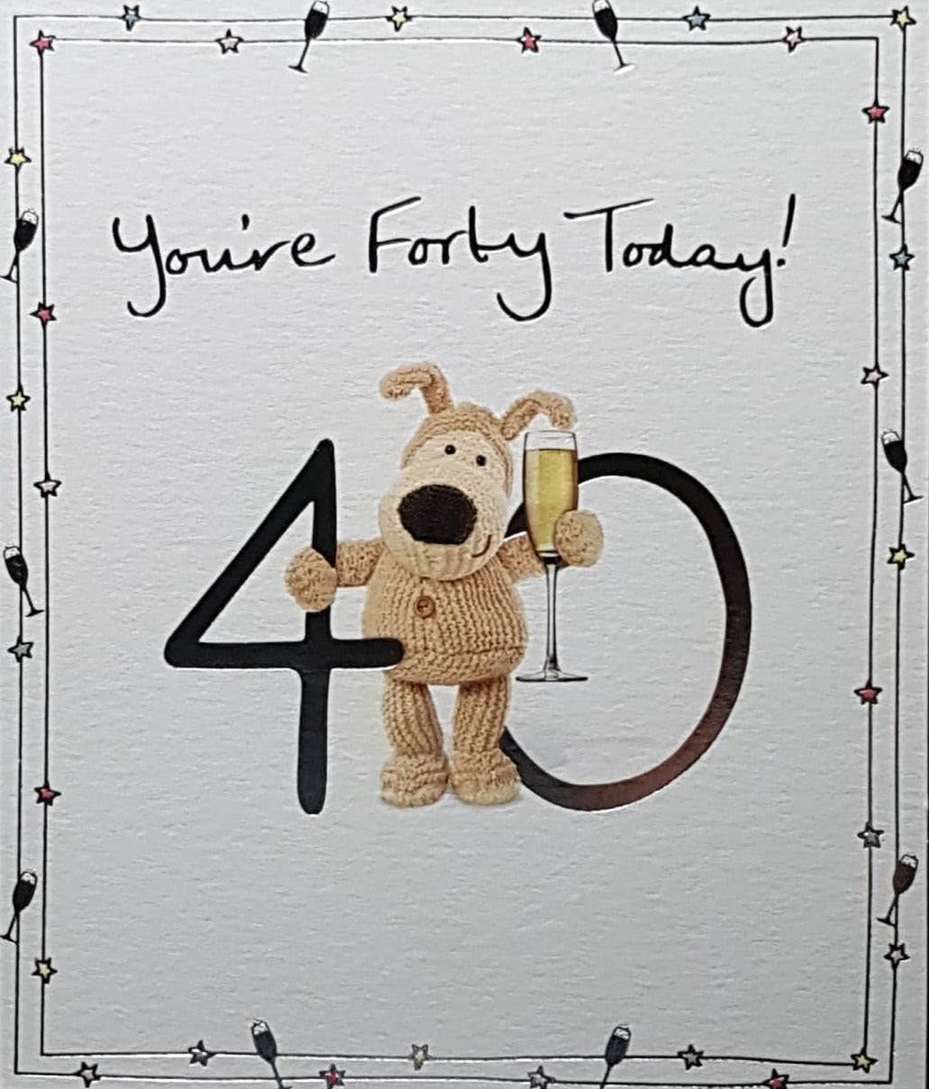 Age 40 Birthday Card - Cute Dog Teddy Holding A Glass Of Champagne