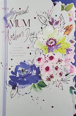 Mum Mothers Day Card - Fabulous Flowers & A Purple Ribbon (Shaped)