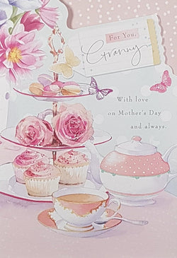 Granny Mothers Day Card - Pink Cake Stand with Pink Roses & Teapot