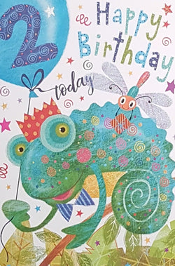 Age 2 Birthday Card - S Cool Chameleon Wearing S Party Hat With Dragonfly