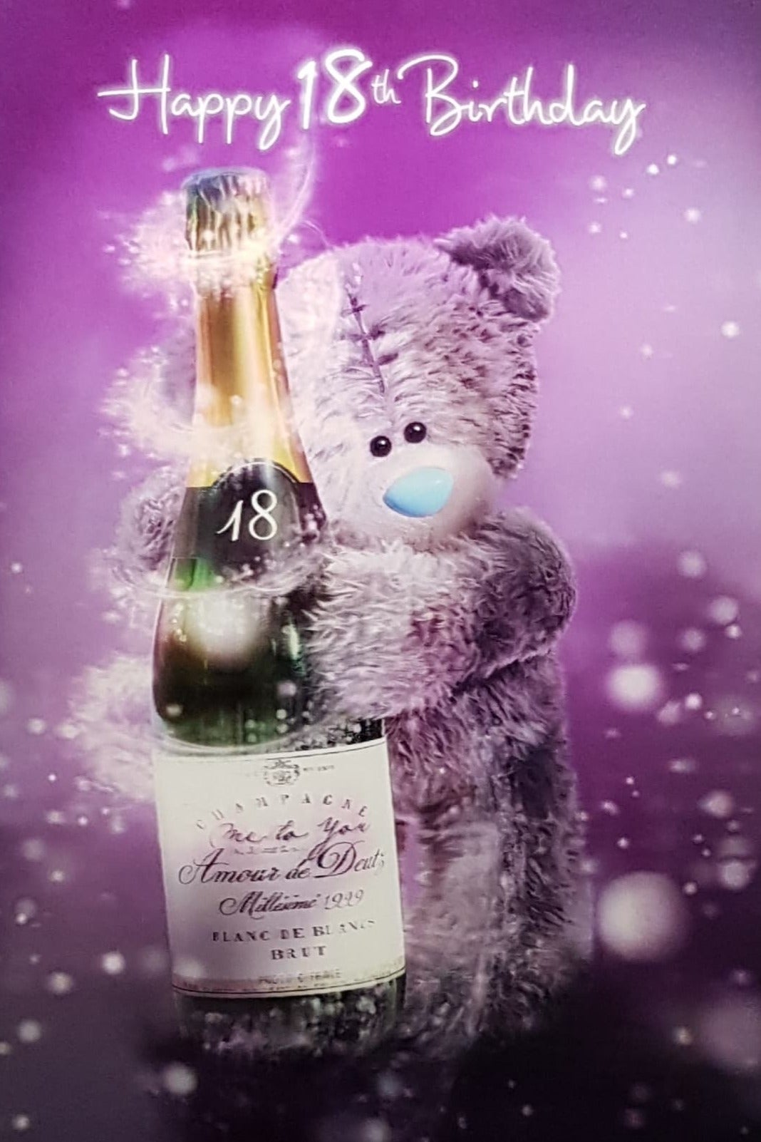 Age 18 Birthday Card - Fluffy Teddy Holding A Champagne Bottle & Sparkly Swirls (3D Card)