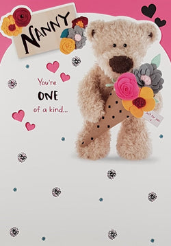 Nanny Mothers Day Card - Fluffy Teddy bear Holding Flowers