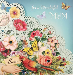 Mum Mothers Day Card - Hand Held Out To Parrot, Flowers & Butterfly