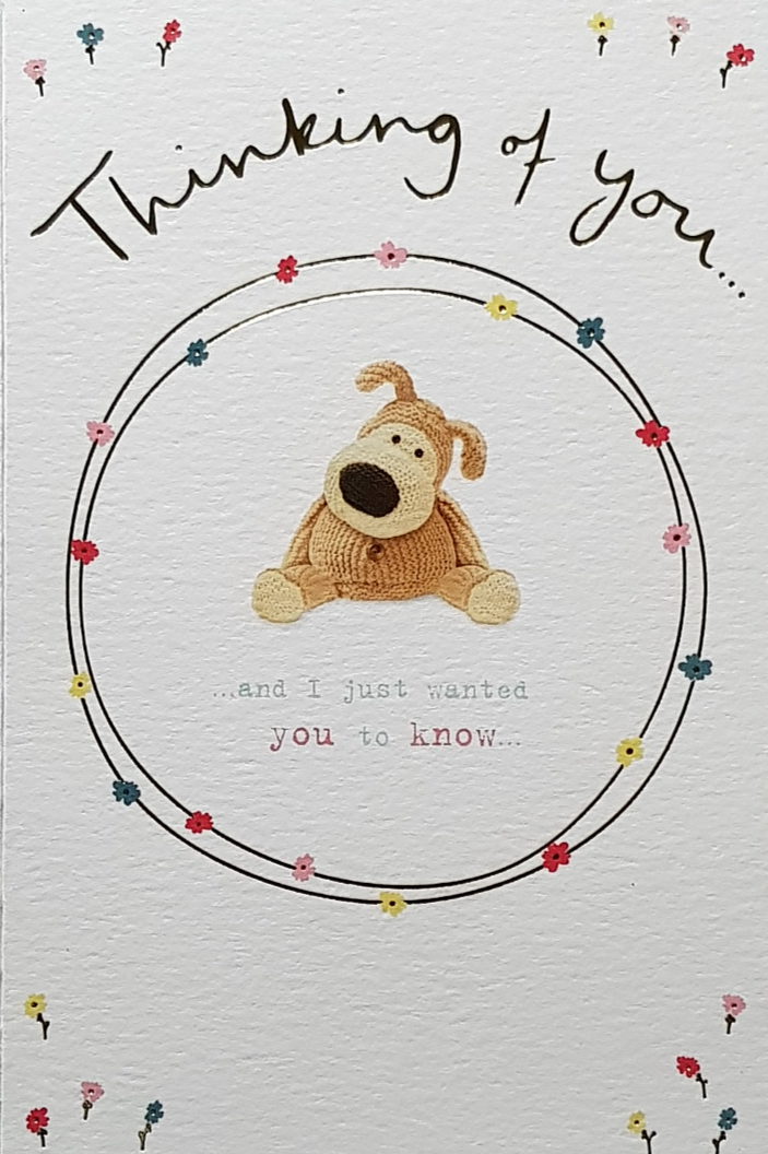 Thinking Of You Card - Cute Dog Teddy Sitting In A Ring Of Flowers