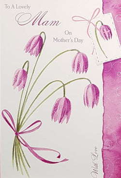 Mam Mothers Day Card - Five Purple Flowers With A Ribbon