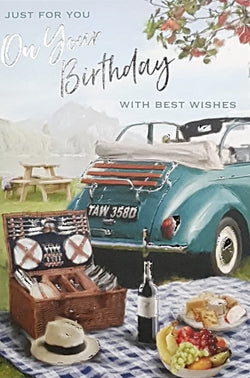 Birthday Card - A Picnic Set Up Near Retro Convertable