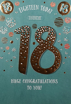 Age 18 Birthday Card - For Male (Customisable Caption) / Sparkly Gold Figures on Blue Background