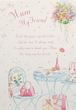 Mum Mothers Day Card - A Hanging Flower Basket & A Pink Bag