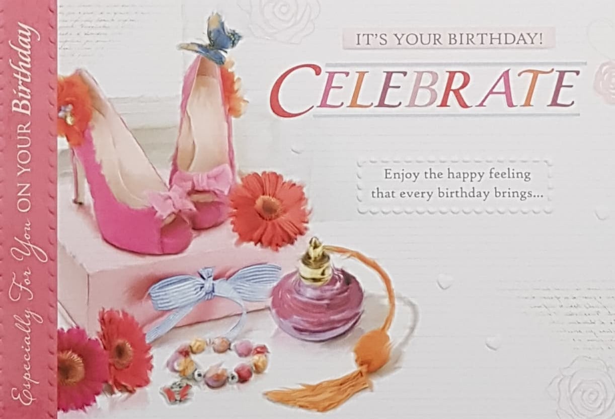 Birthday Card - Pink High Heels & Red Flowers
