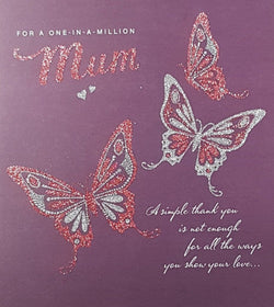 Mum Mothers Day Card - Three Shiny Butterflies On Purple Front