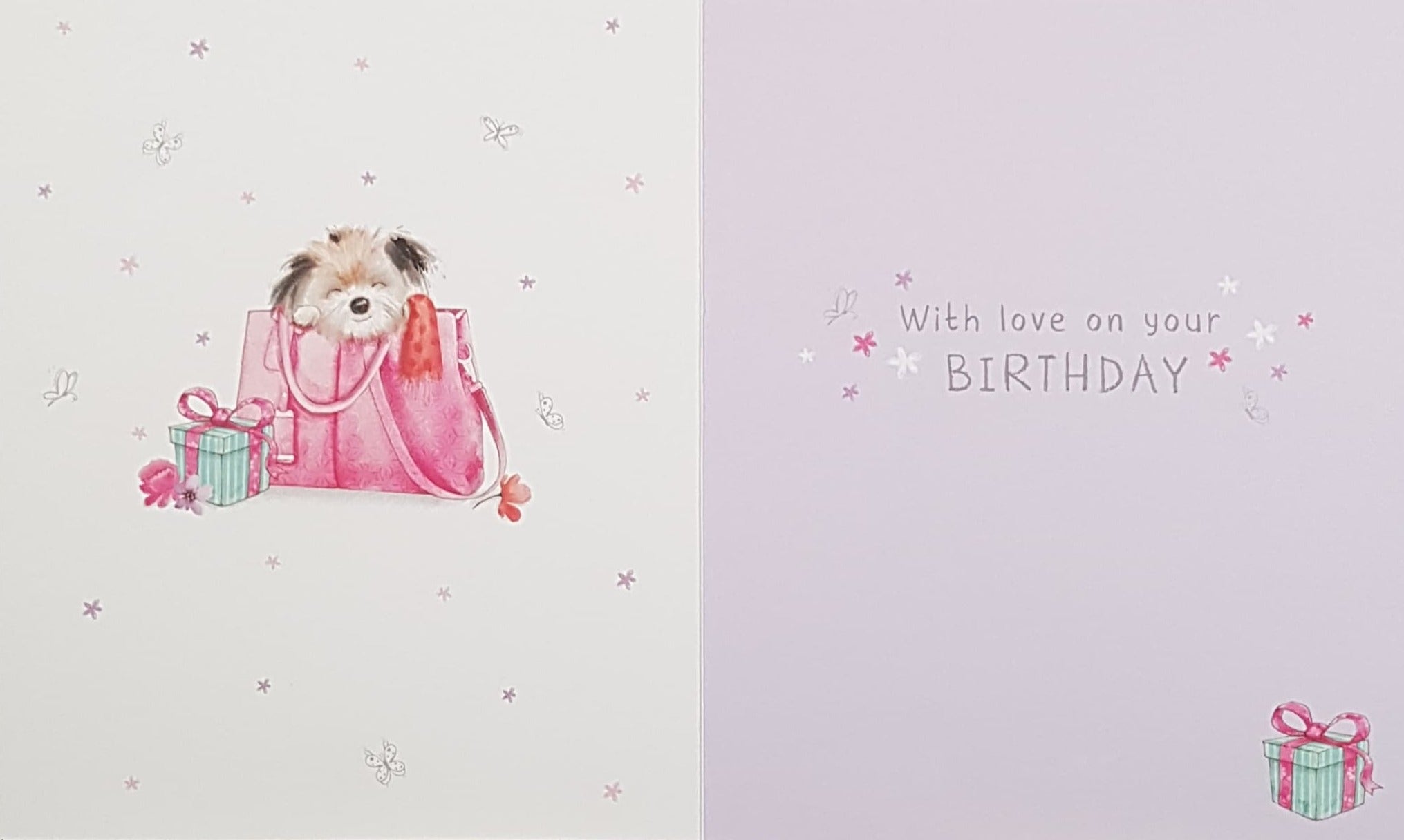 Birthday Card - A Fluffy Puppy In A Pink Handbag