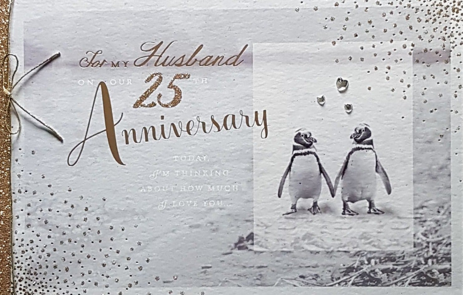 Anniversary Card - Husband / Two Lovely Penguins & Silver Diamond Hearts