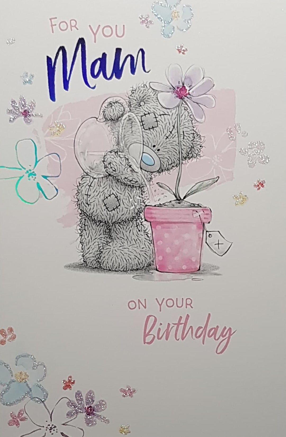Birthday Card - Mam / Teddy Bear Watering A Pink Flower In A Pink Pot