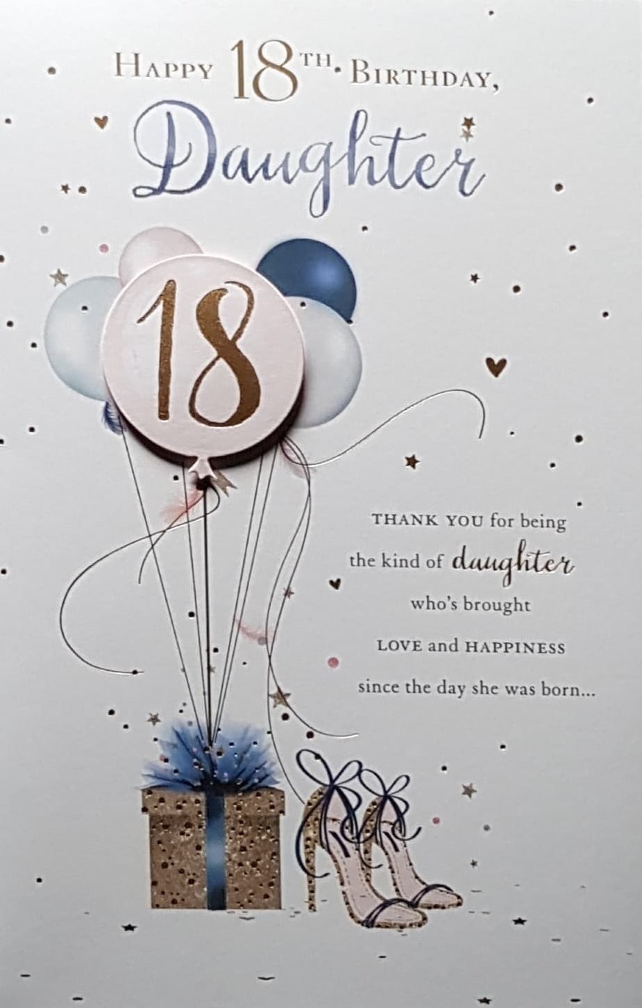 Age 18 Birthday Card - Daughter / Balloons Tied To A Gift Box & High Heels