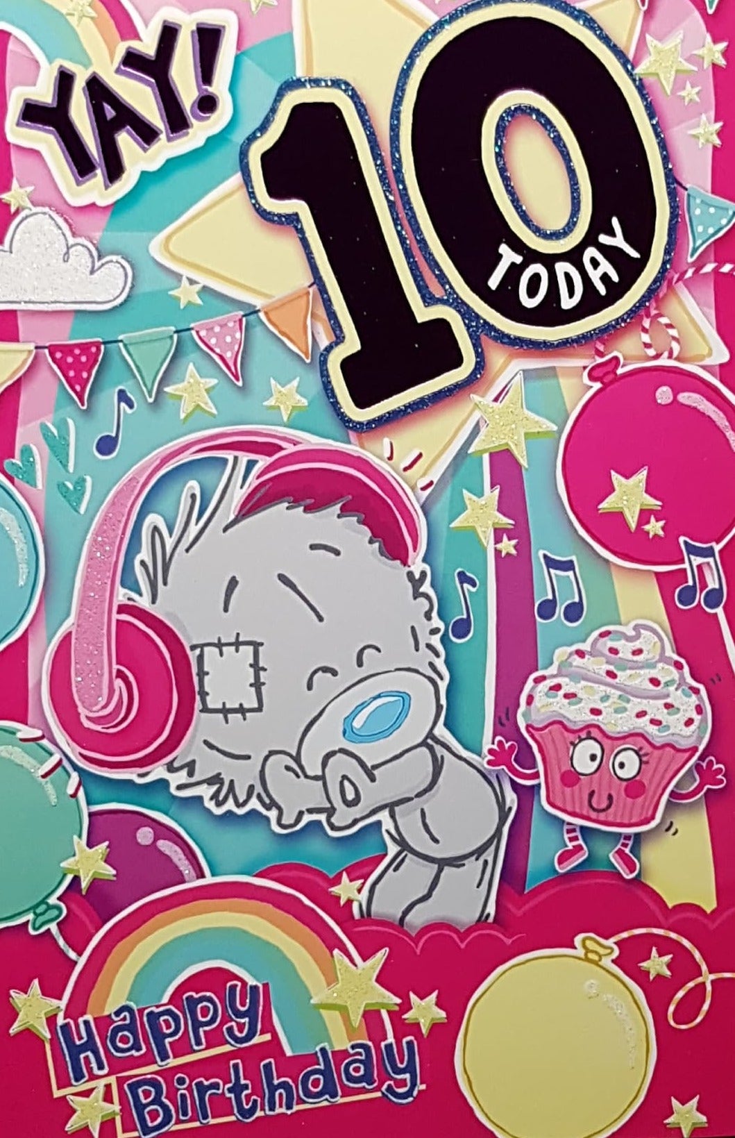 Age 10 Birthday Card - Teddy Listening To Music With Pink Headphones