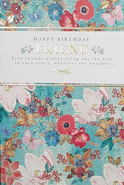 Birthday Card - Friend / A Gold Banner & A Dragonfly & Artistic Floral Design