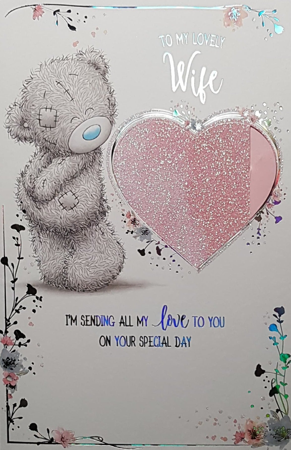 Birthday Card - Wife / Teddy Standing Beside A Pink Sparkly Heart (Pop-up)