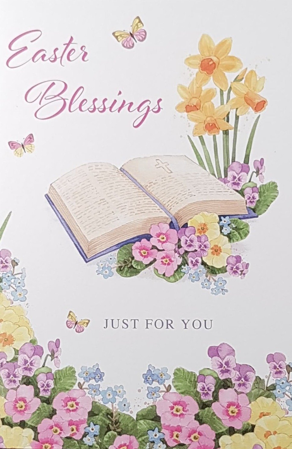 Easter Card - Easter Blessings Just For You / A Bible & Pink Flowers