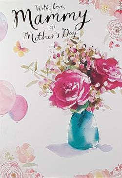Mammy Mothers Day Card - A Red Flower Bouquet In A Blue Vase & Pink Balloons