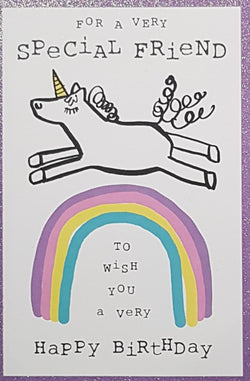 Birthday Card - Special Friend / Unicorn Jumping Over A Rainbow