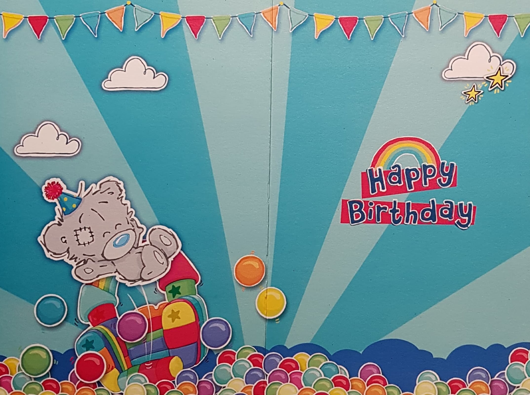 Age 3 Birthday Card - Teddy & A Multicoloured Bouncy Castle