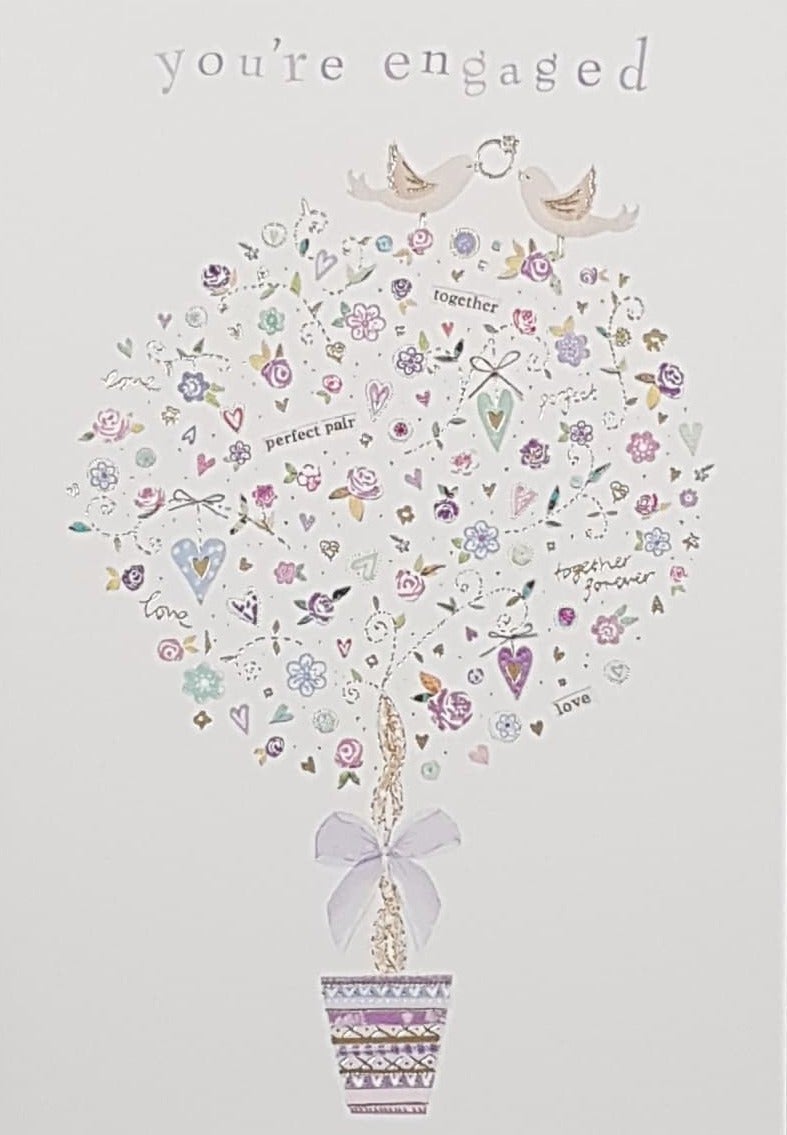 Engagement Card - Two Birds On A Round Tree Holding Engagement Ring