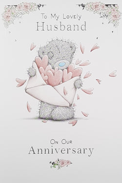 Anniversary Card - Husband / Teddy Holding Envelope Filled With Hearts