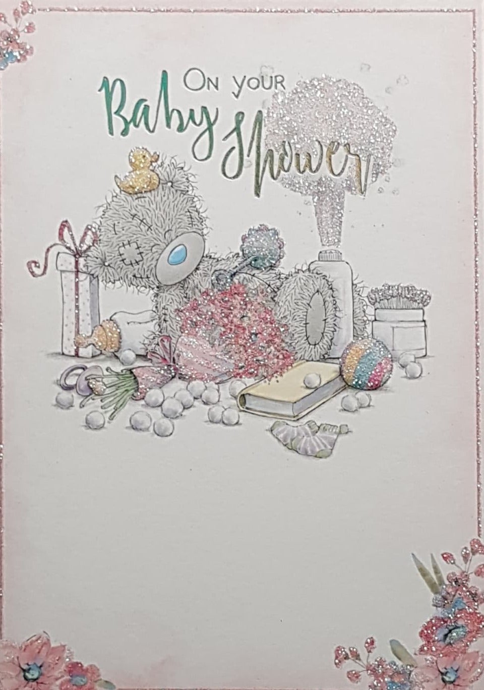 Baby Shower Card - A Relaxed Teddy & A Glittery Frame