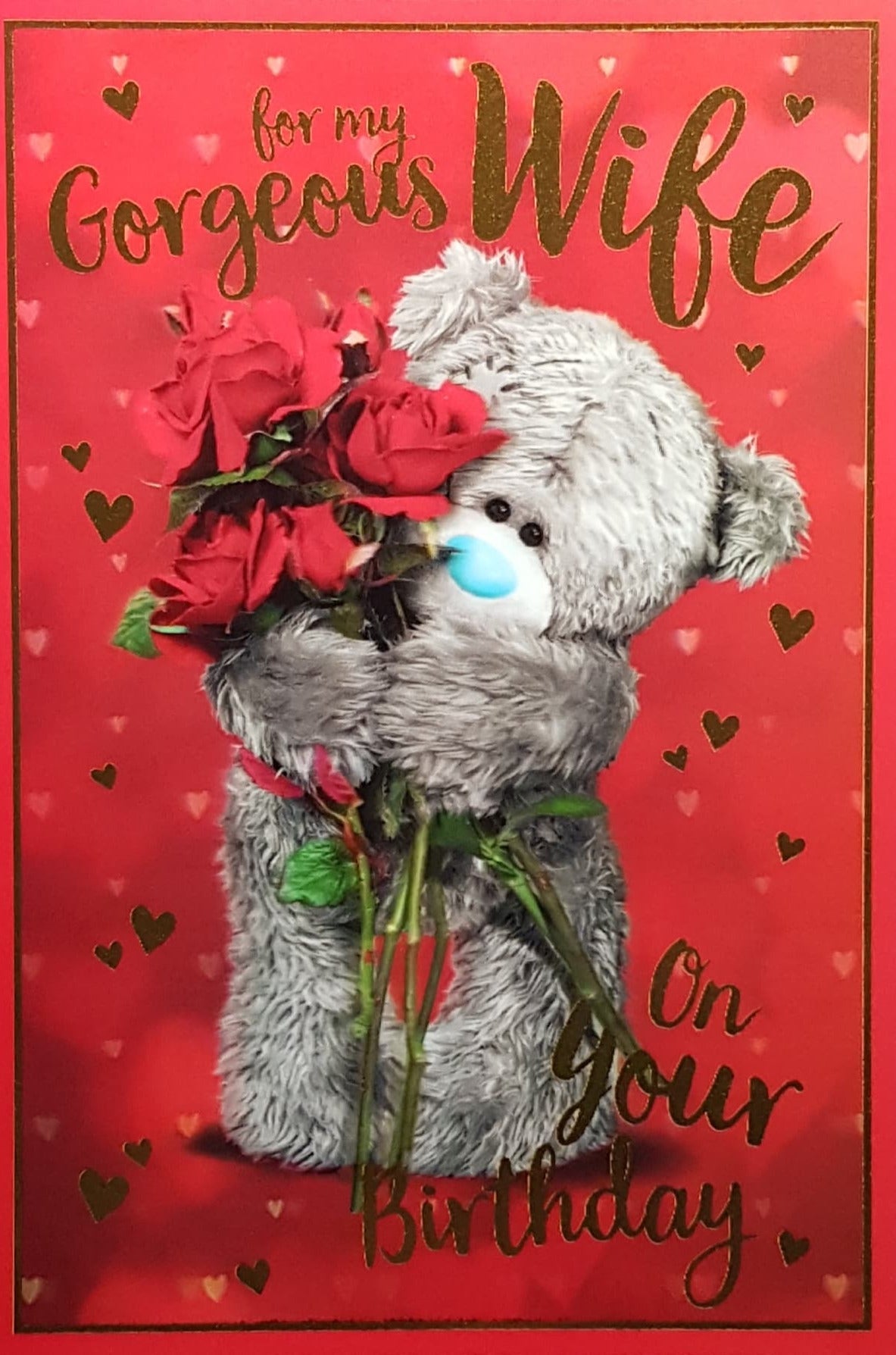 Birthday Card - Wife / A Cute Teddy Holding A Bunch Of Red Roses (3D Card)