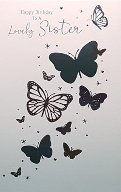 Birthday Card - Sister / Pink & Black Butterflies On A Pink Background