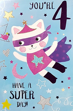 Age 4 Birthday Card - A Super Hero White Kitten With A Purple Cape ( With Stickers)