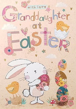 Easter Card - Granddaughter / A White Rabbit Holding A Pink Floral Egg