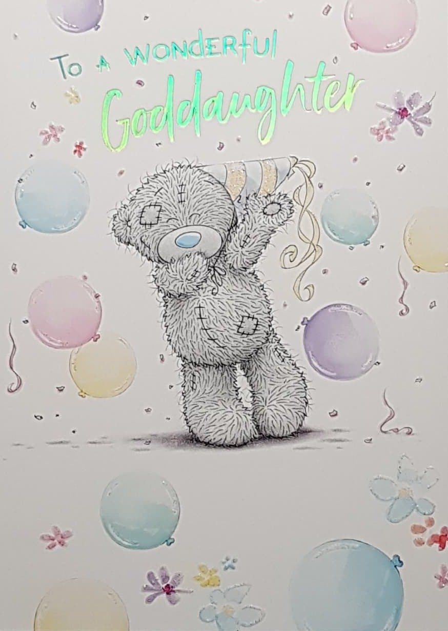 Birthday Card - Goddaughter / Cute Teddy Wearing A Yellow & White Party Hat
