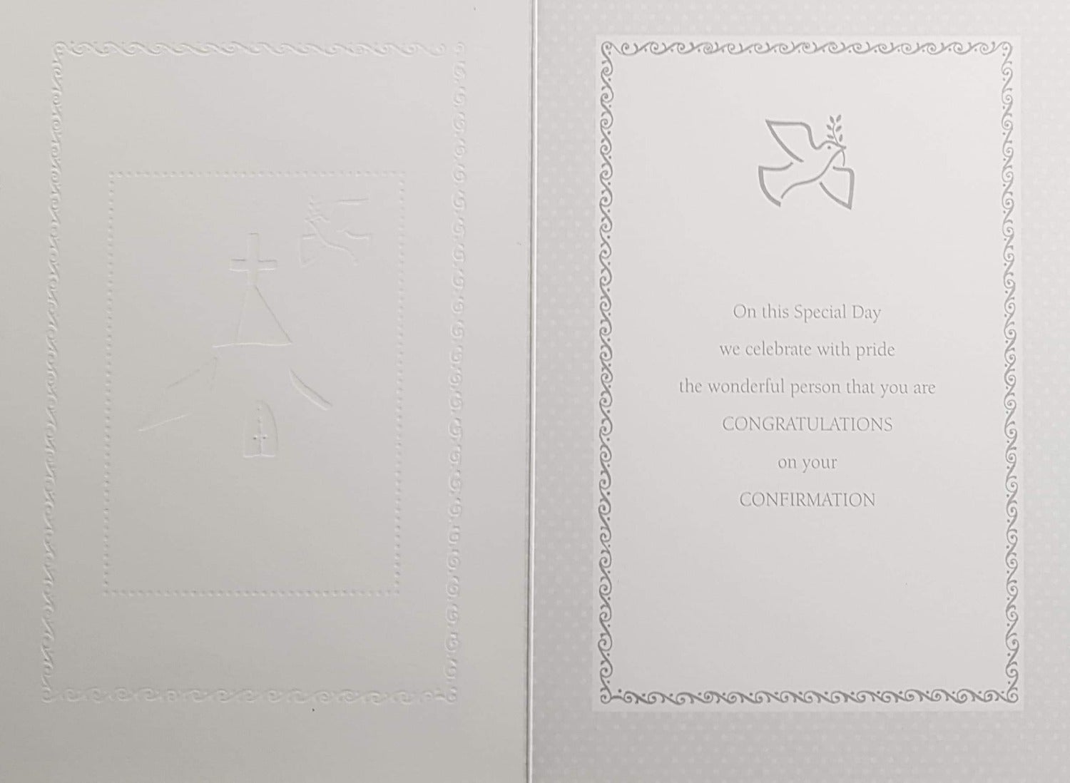 Confirmation Card - Goddaughter / Dove & Fancy Frame & Pink Background