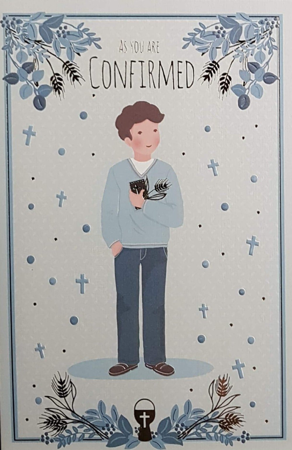Confirmation Card - Boy Holding His Prayer Book & Blue Plants On The Top Corners