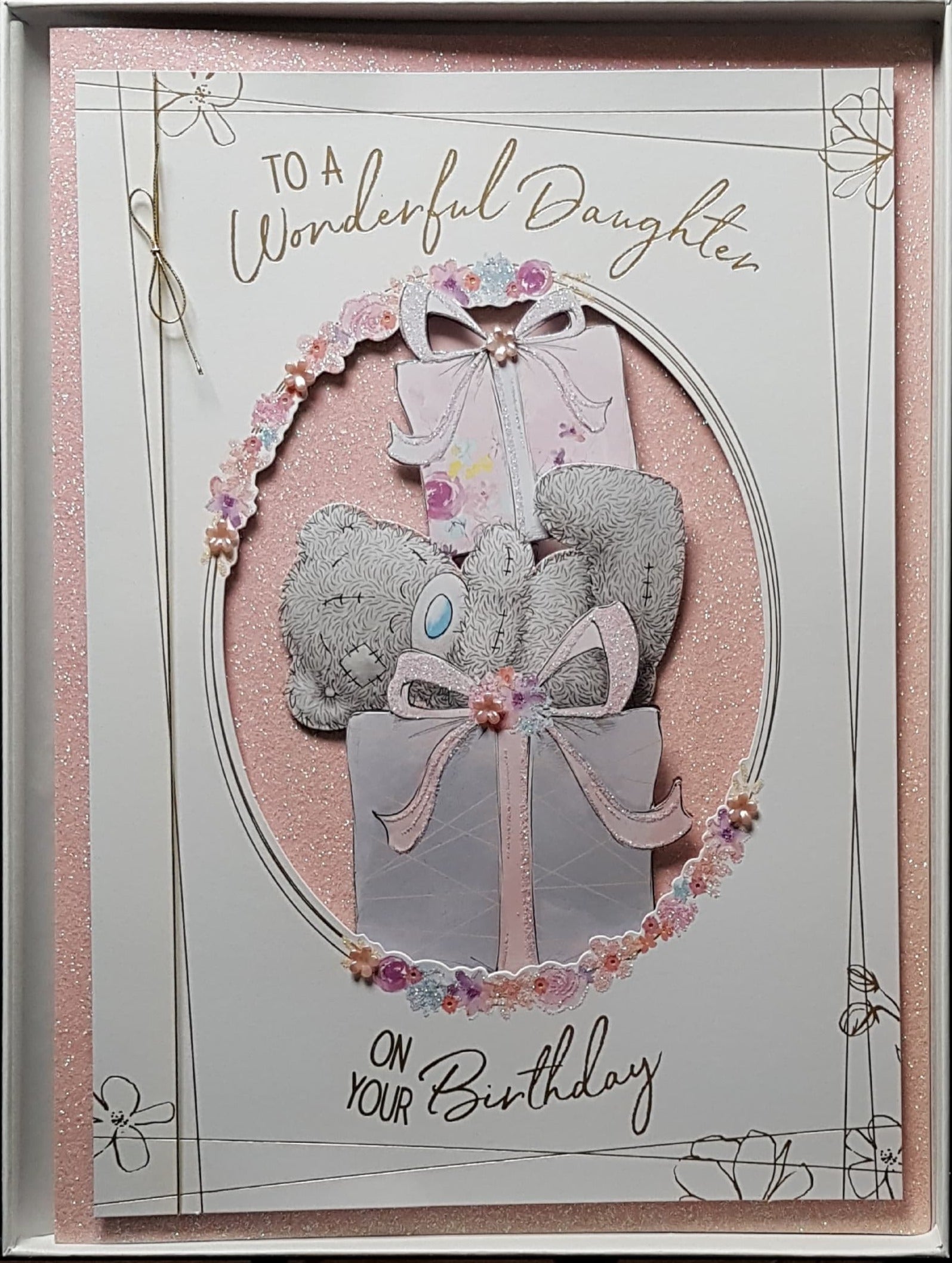 Birthday Card - Daughter / Pretty Floral Motive With Pink Pearls  (A Card In A Box)