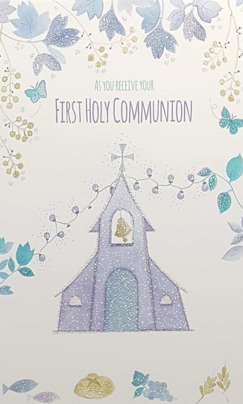 Communion Card - A Blue Church With A Gold Bell ( Boy )