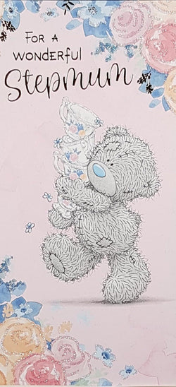 Stepmum Mothers Day Card - A Lovely Teddy Holding Four Teacups