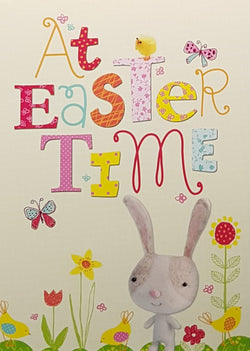 Easter Card - A Cute Bunny Among Red & Yellow Flowers