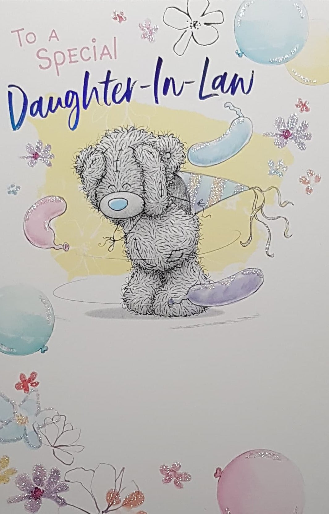 Birthday Card - Daughter In Law / Cute Teddy With A Blue Party Hat & Balloons