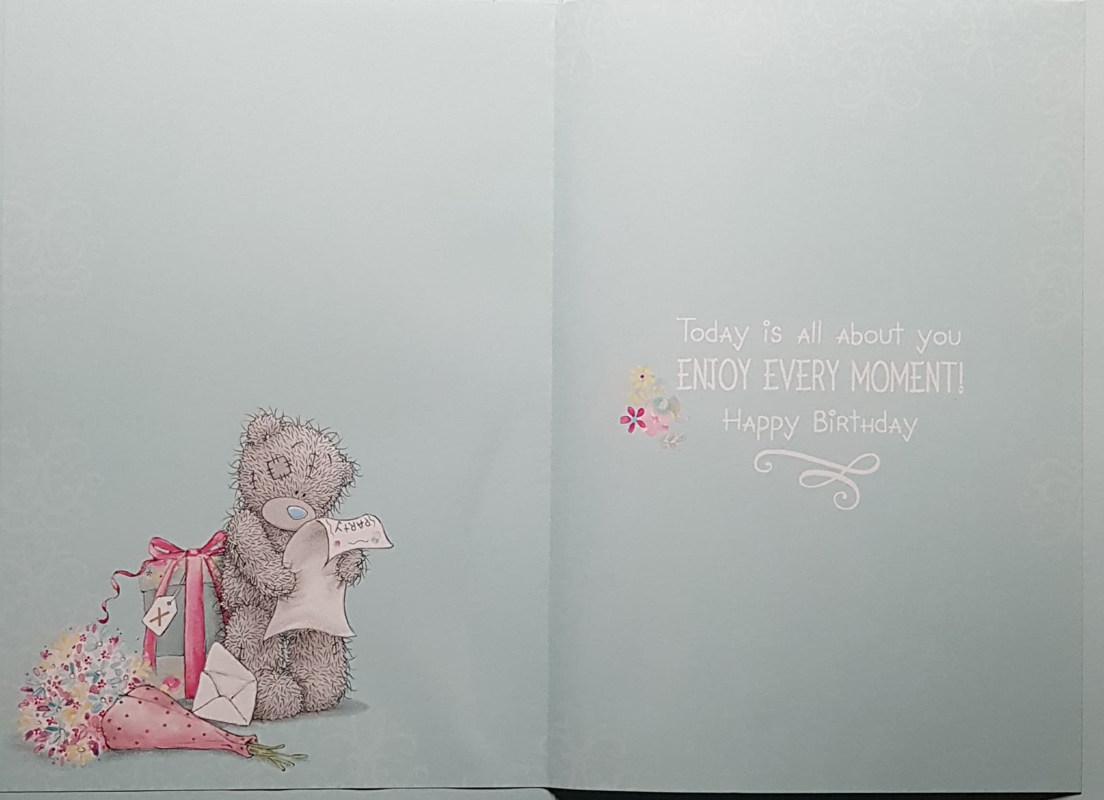 Birthday Card - Daughter / Teddy Unwrapping A Gift Box With A Blue Bow