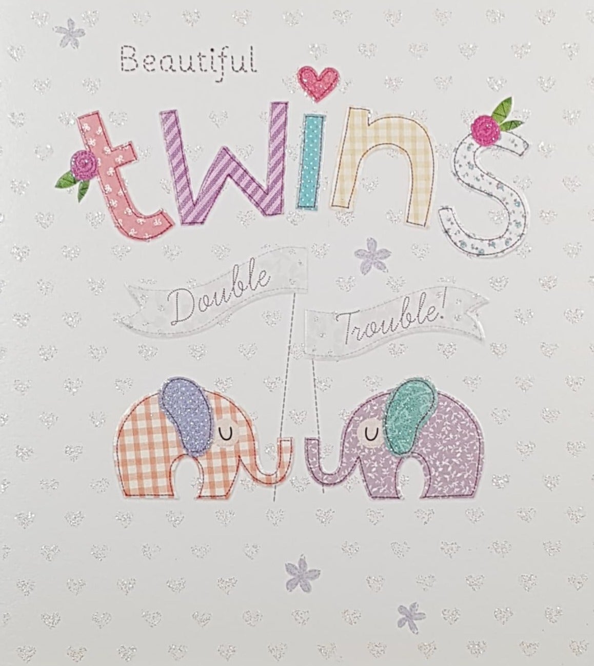 New Baby Card - New Twins / Two Cute Elephants Holding Flags
