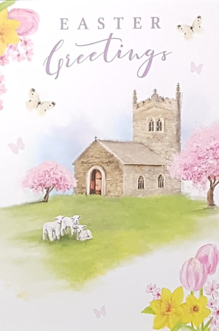 Easter Card - Easter Greetings / Three White Lambs Near A Church & A Cherry Blossom
