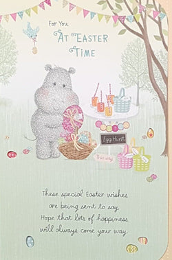 Easter Card - A Cute Hippo Having A Picnic & An Egg Basket