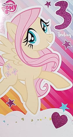 Age 3 Birthday Card - A Cute Pony With Pink Hair & Two Glittery Stars