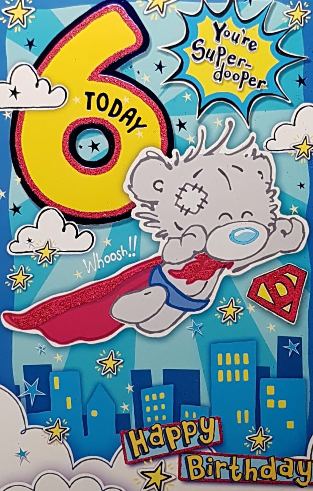 Age 6 Birthday Card - Teddy Super Hero Flying Over City